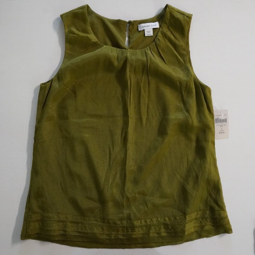NWT Coldwater Creek Sleeveless Linen Blouse Olive Green Pleated Size Small